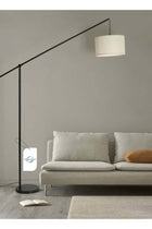 Creative Simple Atmosphere Standing Floor Lamp Cantilever Vertical Adjustable Balance Arm Natural Linen Drum Lampshade Matte Black Metal Pole Foot Switch