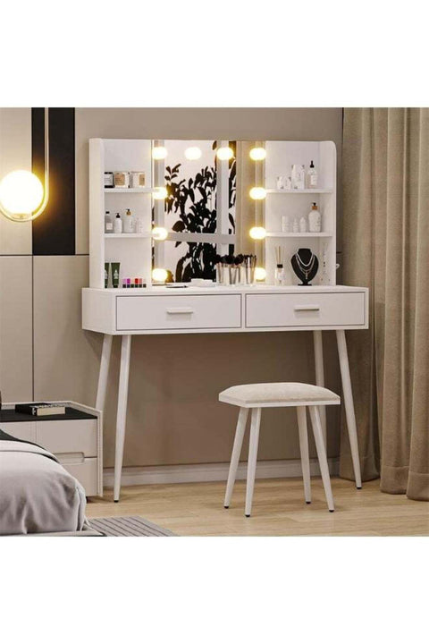 Vanity Desk, Makeup Dressing Table Vanity Bench with Mirror and Lights, Vanity Table Set with Stool, Multifunctional Dresser Cabinet with Storage Shelves and Drawers for Women Girls (SZZ014)
