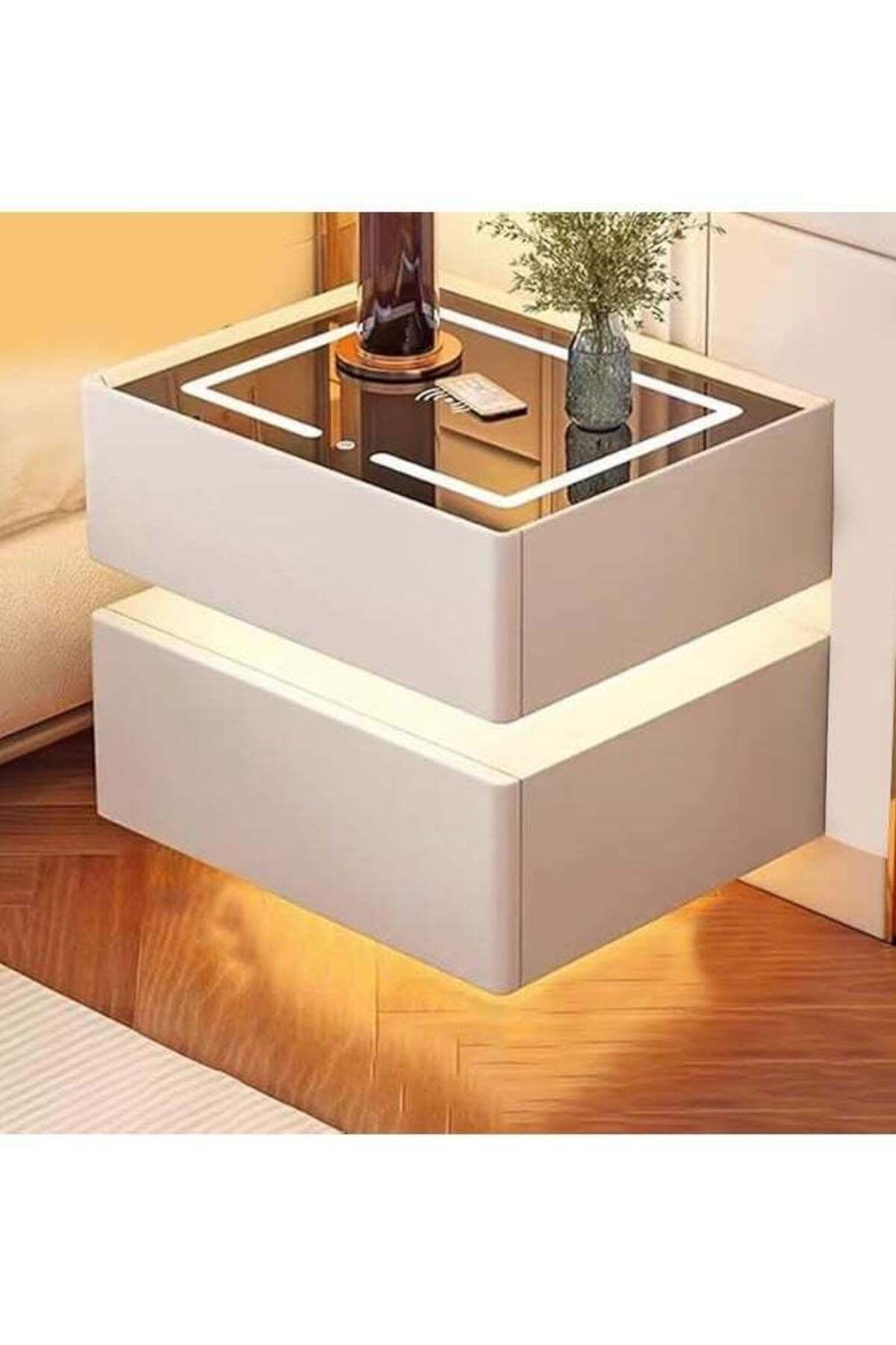 Modern Bedside Nightstand Table with LED Mirror, Sensor Light, Wireless Charging and BT Speaker 50CM
