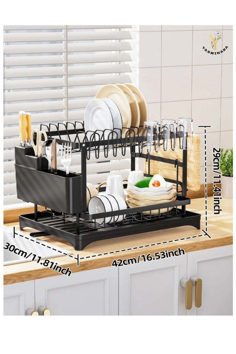 2-Tier Metal Dish Drying Rack, Anti-Rust Dual-Layers Plate Drain Rack With Cutlery & Utensil Holder & Cupboard Rack,