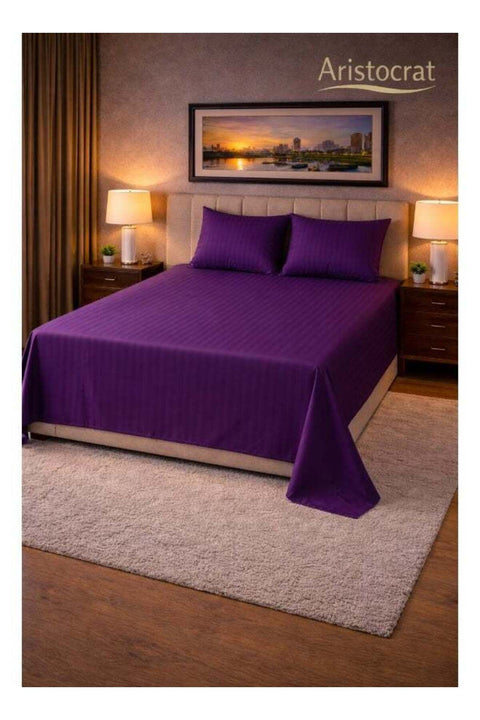 3-Piece Striped Microfiber Flat Bed Sheet Set, Queen/King, 220x240cm, Purple