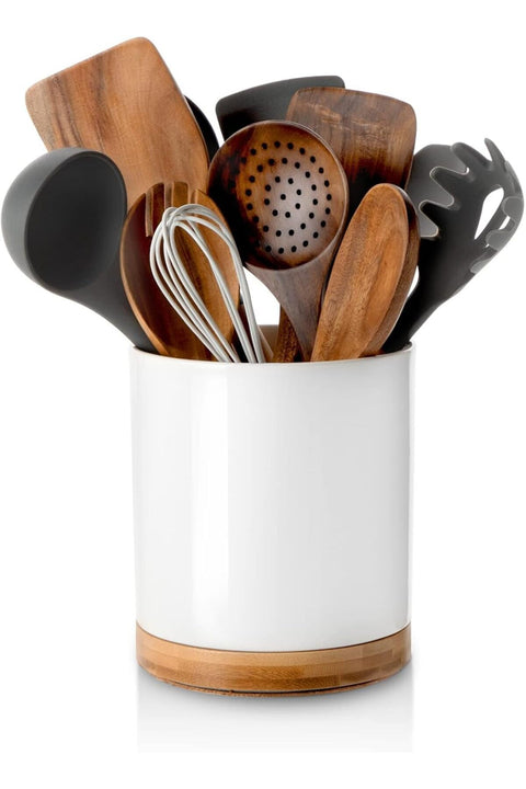 360° Rotating Utensil Holder, 7.2" Large White Ceramic Cooking Utensil Crock, Countertop-Protection Cork Bottom, Ideal for Farmhouse Kitchen Decor, White