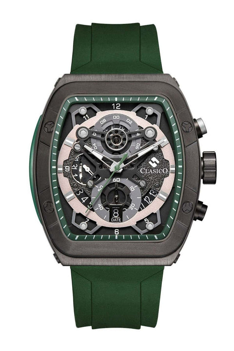 Opulent 6-Hands Chronograph Watch - Tonneau Skeleton Gun Metal Green Edition
