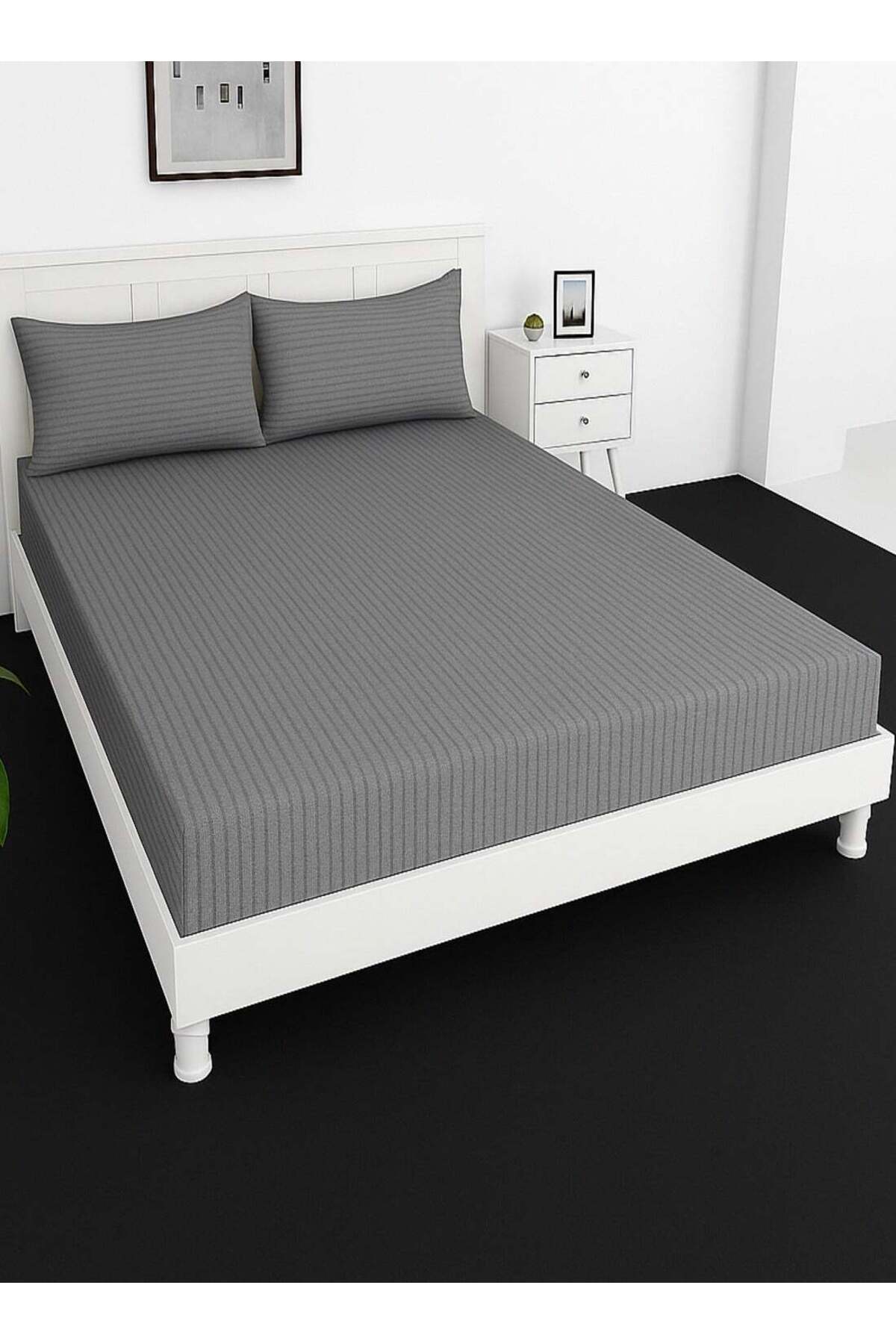 Deep Fitted Bed Sheet +2Pcs Pillow Covers, King/Queen/Double/Single Sizes, Color Grey, Depth 30cm