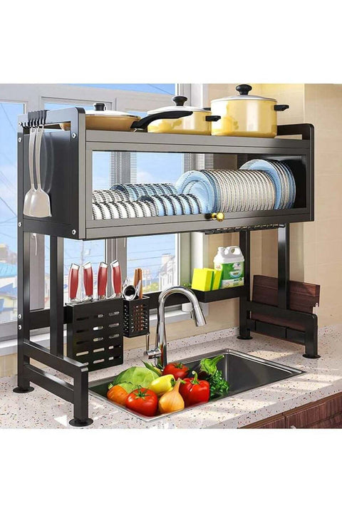 Metal Dish Cabinet Rack Dustproof Sink Rack With Cabinet Door Multi-functional Plate Drying Storage Kitchen Organizer