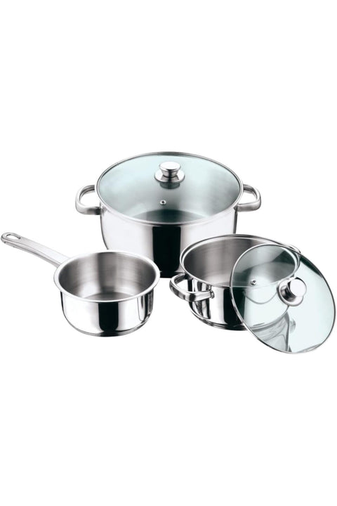 STAINLESS STEEL 5 PC COOKWARE SET, VICS05, SAUCEPAN - 16CM WITHOUT LID | CASSEROLE - 20CM WITH GLASS LID | CASSEROLE - 24CM WITH GLASS LID