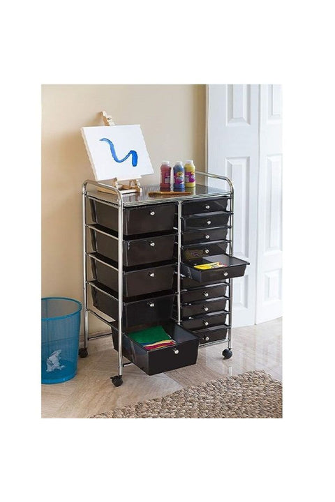 Zenments 15 Drawer Rolling Storage Cart, Mobile Drawer Carts for Craft Art Supply Paper Salon, Utility Cart on Wheels for Classroom Teacher School Office, Rolling Cart with Drawers, Black - ZEN-256