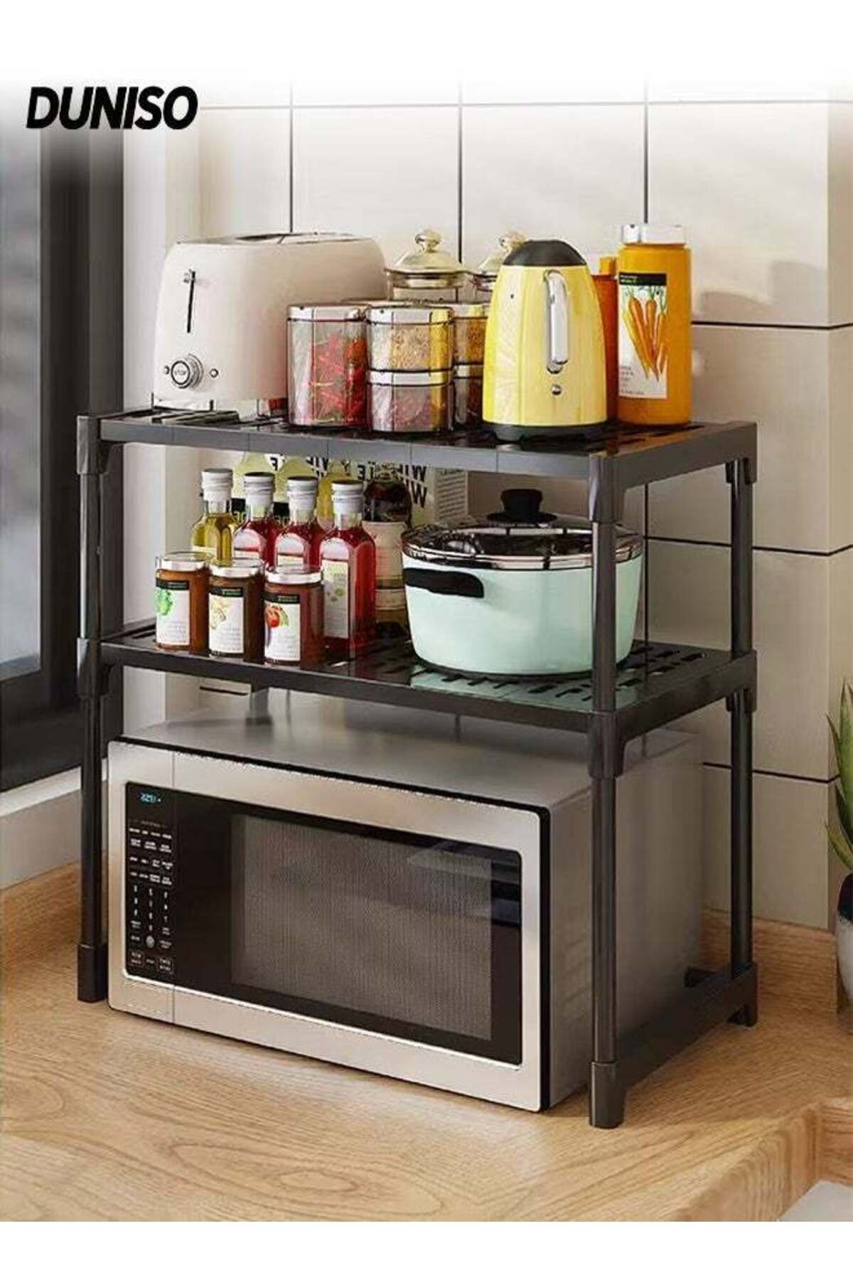 2-Tier Kitchen Storage Rack, Multifunctional Microwave rack,Countertop Rack Organizer with Non-Slip Feet, for Spices, Pots and Pans（Black）