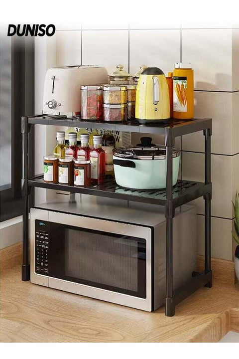 2-Tier Kitchen Storage Rack, Multifunctional Microwave rack,Countertop Rack Organizer with Non-Slip Feet, for Spices, Pots and Pans（Black）