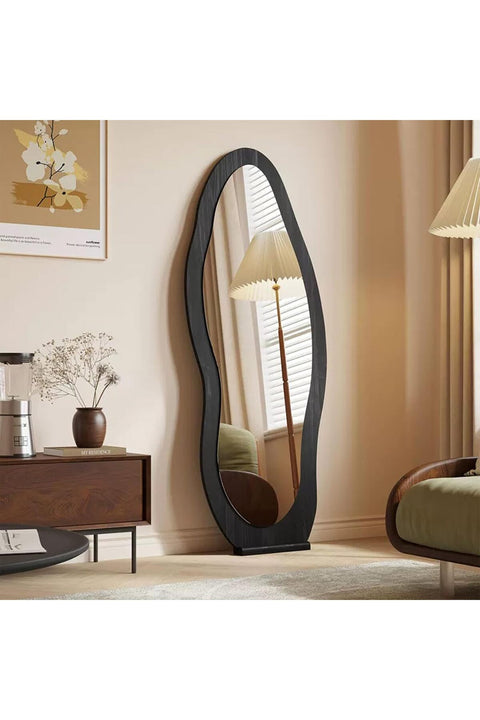 160x60CM Wavy Floor Mirror Full Length Mirror, Large Floor Mirrors with Stand Wooden Floor Mirror Leaning/Hanging Full Body Mirror for Bedroom Living Room (Irregular-Black, 160x60cm (63x24"))