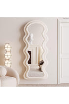 Full Length Mirror 60 * 160cm, Irregular Wavy Mirror, Wave Arched Floor Wall Standing Hanging or Leaning Against for Bedroom, Flannel Wrapped Wooden Frame Mirror-White