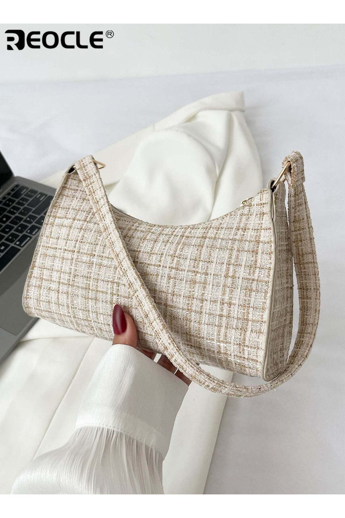 Women's Textured Tweed Fabric Baguette Shoulder Bag with Zipper Closure Elegant Casual Underarm Bag for Daily Commute Brunch Dates & Office Use