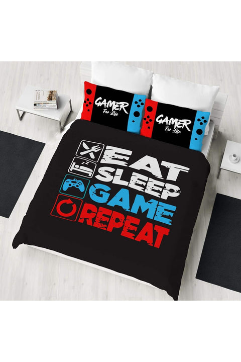 Double Duvet Cover - Eat Sleep Game Repeat Gaming Controller Design - Reversible Bedding Set - Polycotton
