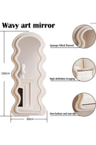 Full Length Mirror 60 * 160cm, Irregular Wavy Mirror, Wave Arched Floor Wall Standing Hanging or Leaning Against for Bedroom, Flannel Wrapped Wooden Frame Mirror-White