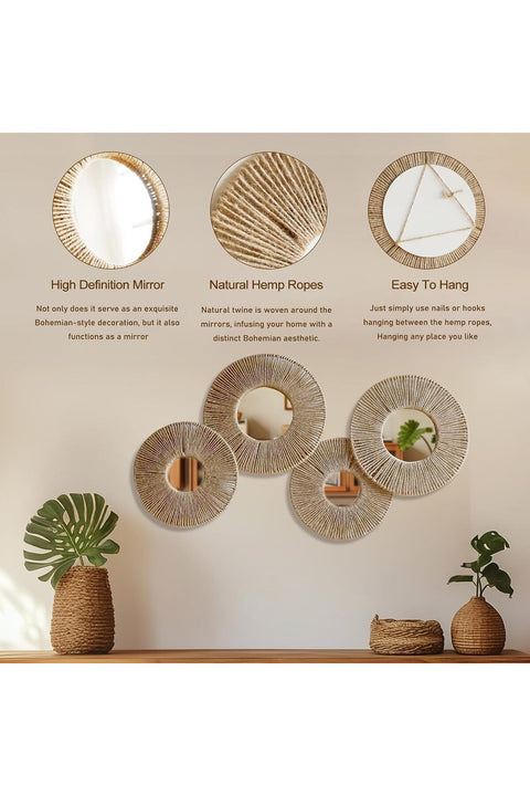 4 Pack Boho Wall Decoration Round Mirrors, 2x11.8inch and 2x10.03inch, Handmade Braided Twine Wicker Basket Decor, Natural Jute, for Bedroom and Living Room