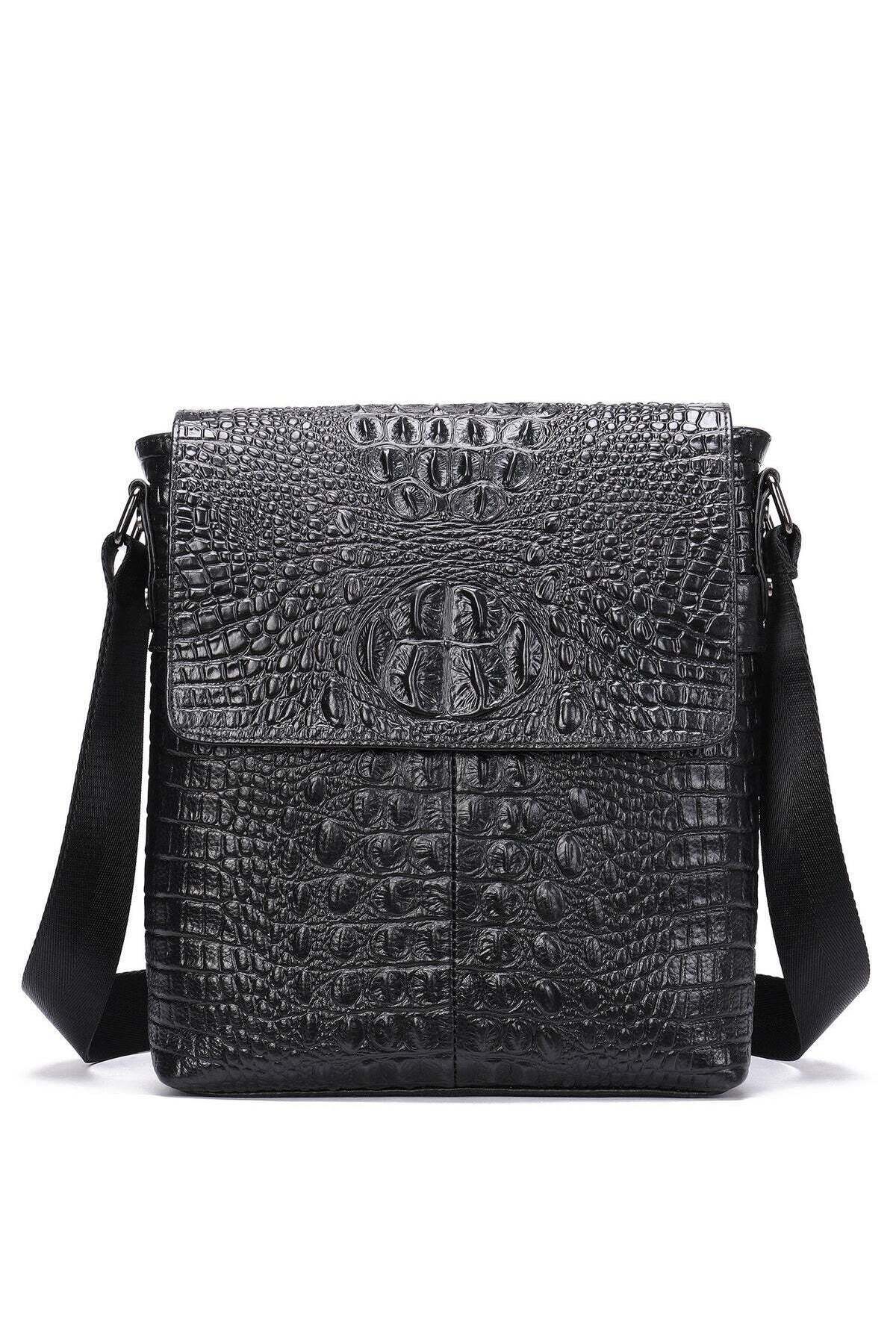 Handmade crocodile pattern genuine leather men's messenger bag, side bag for men, wear-resistant leather large capacity