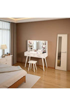 Bedroom Dresser and Stool Set, White Makeup Vanity Table for Girls with LED Light Mirror + 2 Drawers & Storage Shelves, 3 Light Modes Adjustable Brightness Dressing Desk