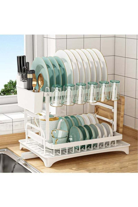 2 Tier Foldable Dish Drying Rack with Utensil Holder & Cutting Board Holder & Drainboard Tray, Rotatable Drainage System Scratch Resistant Frosted Baking Process Coatings