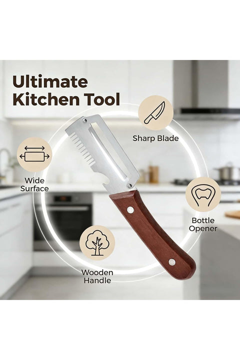 Multifunctional Vegetable Peeler, With wooden handle & bottle opener and grater 3 in 1 kitchen gadgets