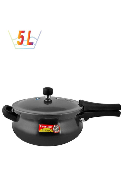 Deluxe Plus Hard Anodised Aluminium Pressure Cooker | With Lid |Curved Design|User Friendly Handles Black 5Liters