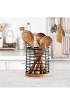 WDT Tool Utensil holder for Kitchen Counter - 5.2" x 5.2" x 6" Large Round with Wooden Base Matte Black Cooking Utensil Holder Utensil Organizer (Metal+Bamboo)