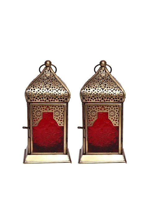 Handmade Decorative Candle Holder Vintage Lantern| Red | Living Room, Bedroom & Outdoor | Home Decoration, Hanging, Table Top | Ramadan, Eid, Diwali, Weddings, Parties | Iron 2PC