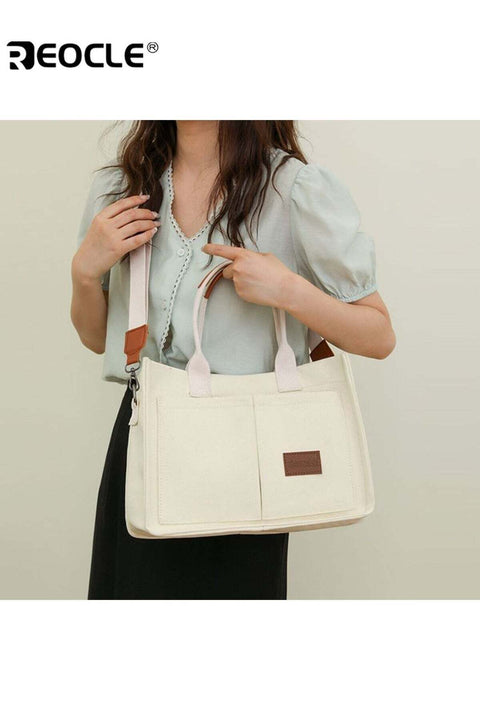 Women's Canvas Tote Bag with Top Handle and Multi Pocket Design Crossbody Shoulder Purse with Spacious Interior for Daily Work