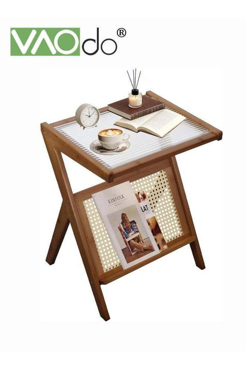 Stand Side Table, Rattan Bedside Table, Glass Coffee Tables, Bamboo NightStand, Boho End Table with Storage, Compact Accent Table for Small Spaces, Perfect for Living Room Bedroom and Apartment, Brown