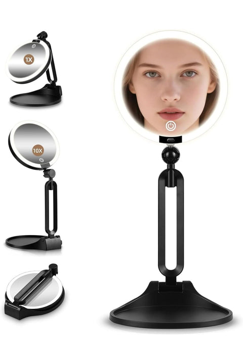 Magnifying Mirror with Light 10X/1X, Double Sided Travel Makeup Mirror with Lights and Magnification, Rechargeable 3 Colors Dimming Lighting, Large Size, Foldable Design, 360°Angle Adjustable