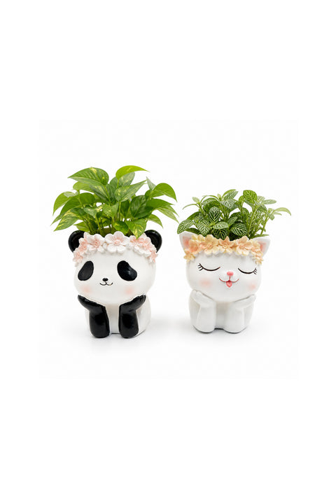 Beram Fantasy 2PCS Flower Pot Set Kitty and Panda Polyresin Cute Animal Succulent Planters with Flower Crown Decorative Mini Vase Indoor Outdoor Home Office Desk Decor Pen Pencil Holder Kit (2Pcs Set)
