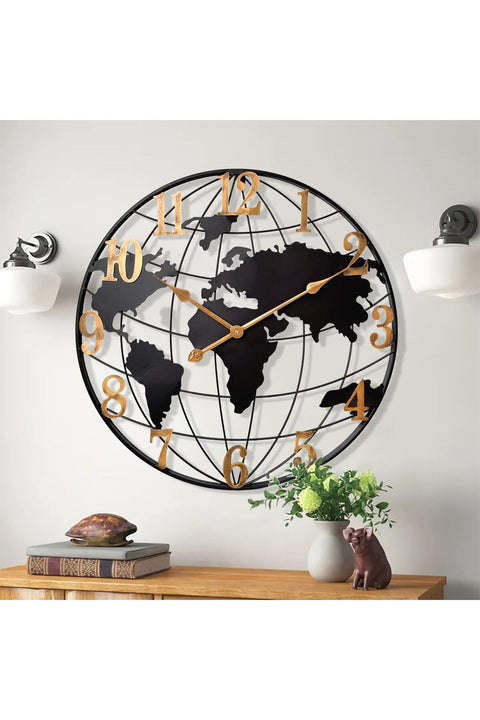 24-Inch Large Wall Clock for Living Room, Modern Decorative Silent World Map Metal Wall Clock, for Office, Kitchen, Dining Room, and Home Decor