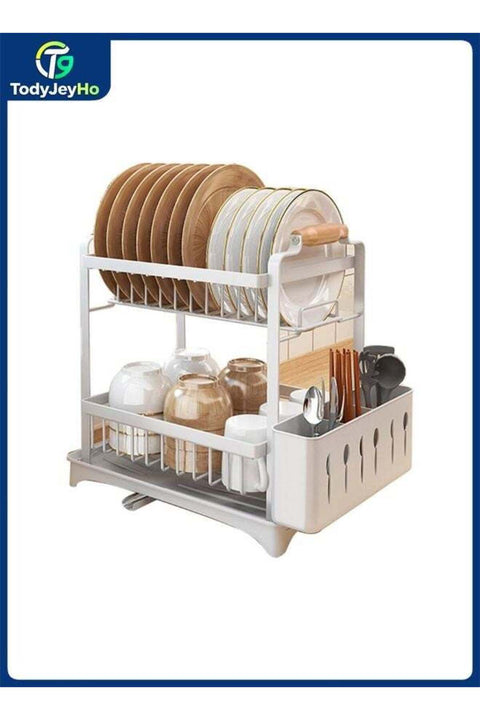 2 Tier Dish Racks for Kitchen Counter, Dish Drainer with Cutlery Holder, Dish Drainer for Kitchen Sink, Large Drying Rack for Dishes (White)