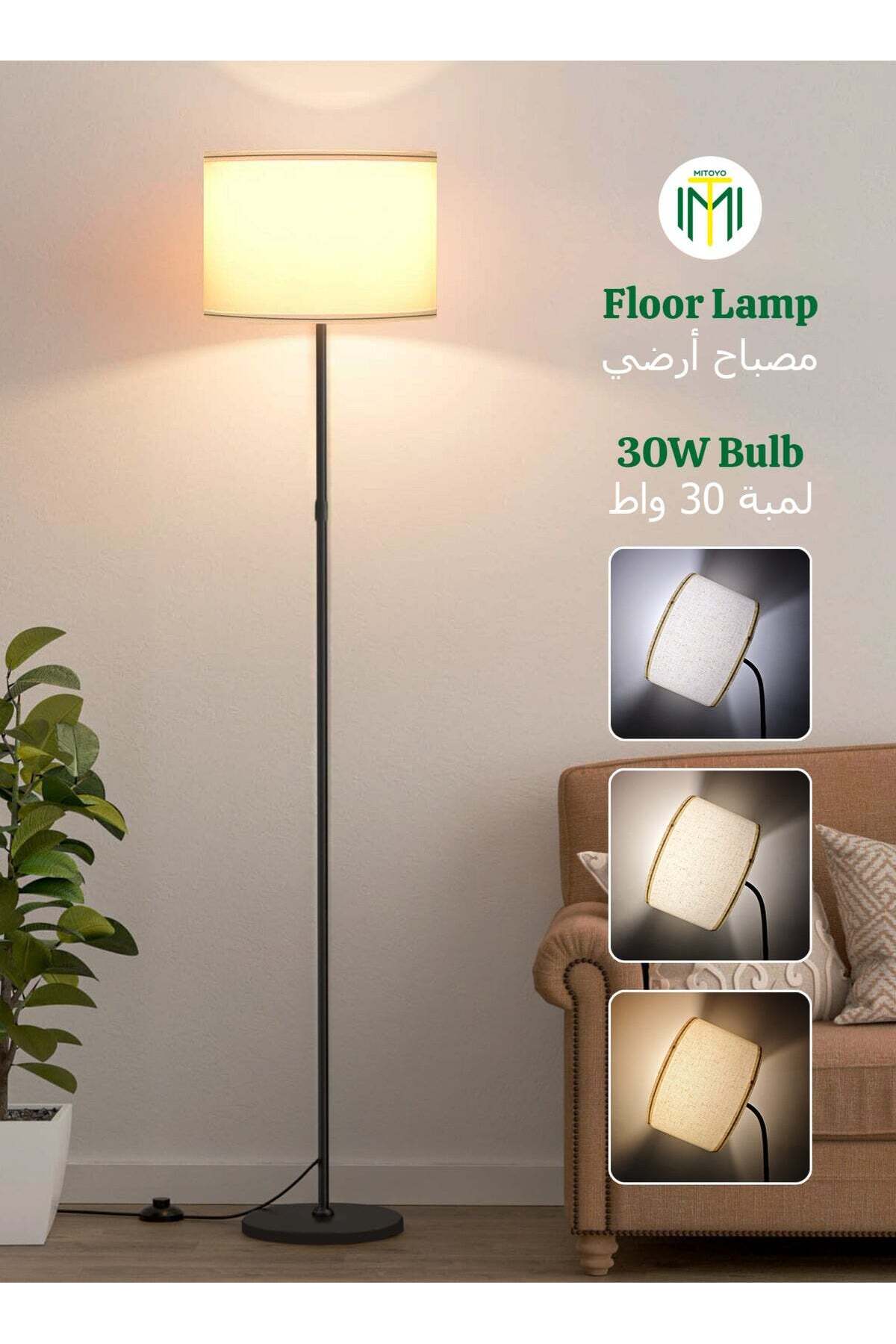 Modern Design Floor Lamp - Standing Lamp with 30W LED Bulb - Adjustable Bend Angle - Metal Material - Three-color LED Light - White Light, Natural Light, Warm Light - Detachable Lamp