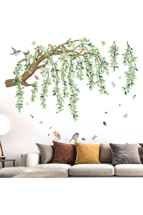 Large Hanging Vine Wall Stickers: Peel and Stick Green Leaf Tree Branch Pink Flower Birds Leaves Wall Decals - Living Room Bedroom Family Wall Decor
