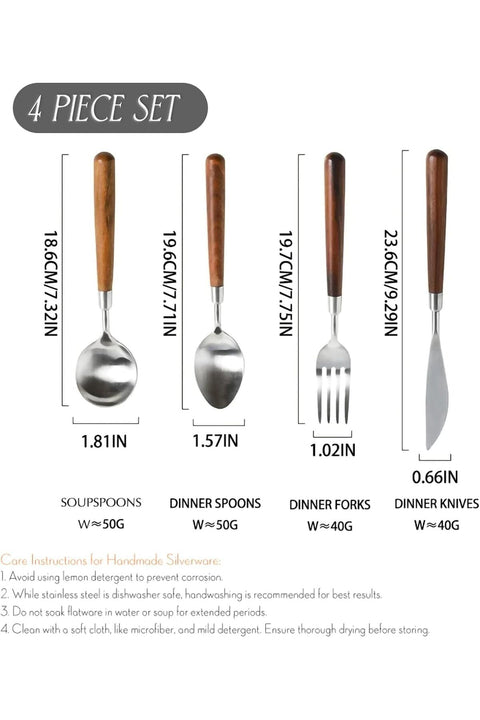 Wooden Flatware Set, Natural Walnut Wood Style Handle Silverware Set, 304 Stainless Steel Cutlery Set, Set of 4