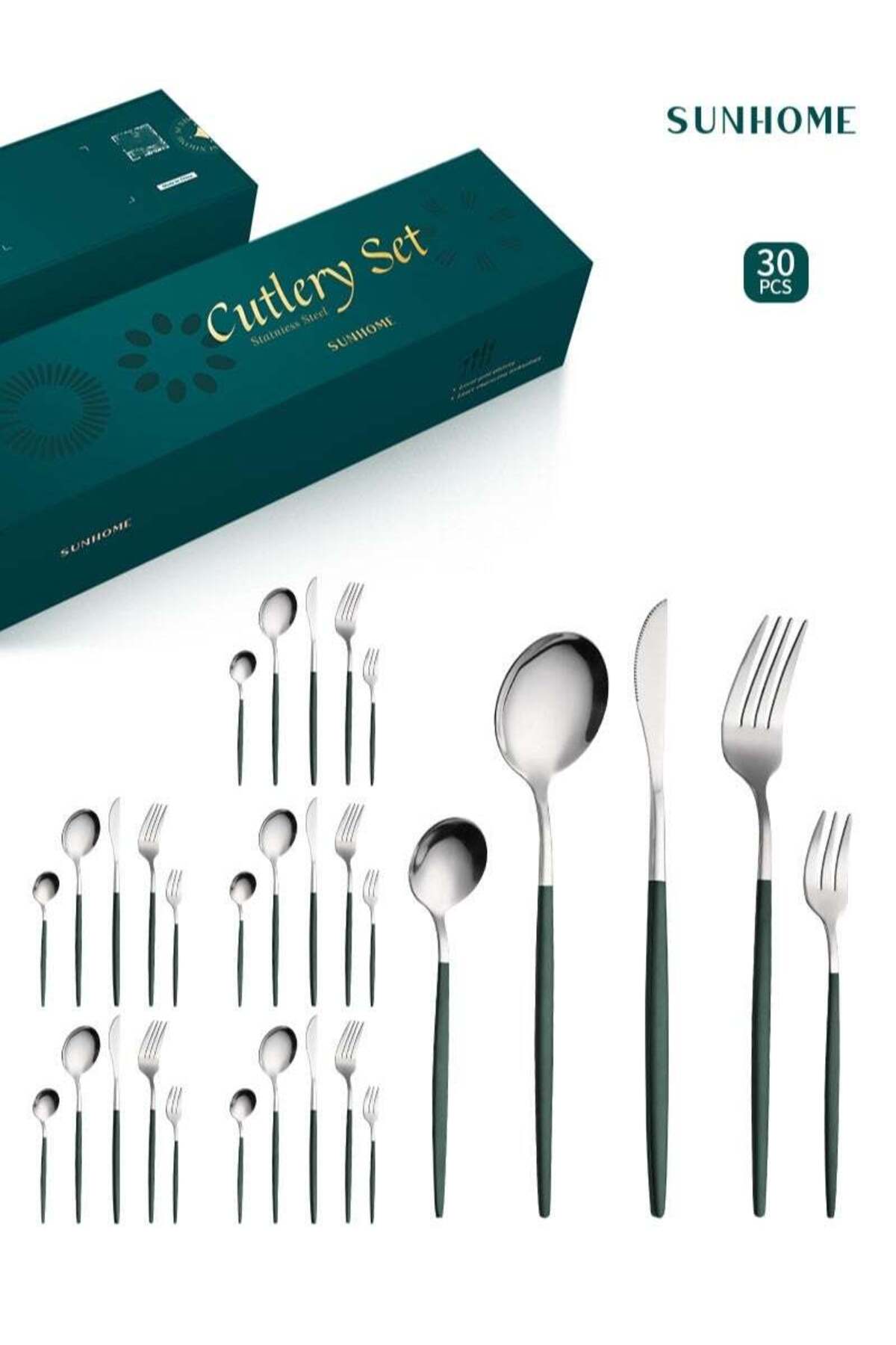 30-Piece Stainless Steel Cutlery Set Kitchen Utensil Set Western Tableware Green/Silver