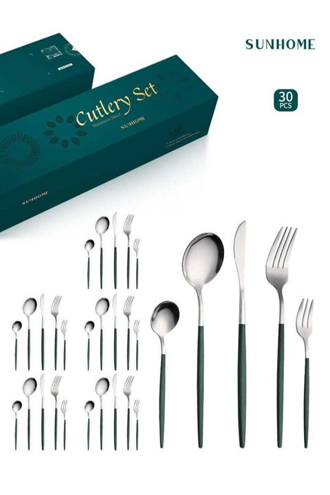 30-Piece Stainless Steel Cutlery Set Kitchen Utensil Set Western Tableware Green/Silver