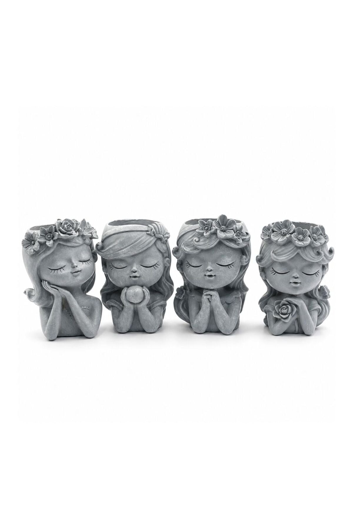 Beram Bonsai Craft Vase 4-Set Pray Dream Flower Blessing Dolls Grey Polyresin Decorative Succulent Planters Elegant Home Office Desk Decor Flower Pots Pen Pencil Holders Propagator Kit Gift(4Pcs Set)