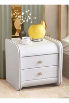 Multipurpose Use 2 Drawers Rounded Corner Nightstand Leather Wrapped Creative Bedside Table Rose Shape Handle Design Luxury Side Table with Display Shelf for Living Room Bedroom 43x40x48 cm (F