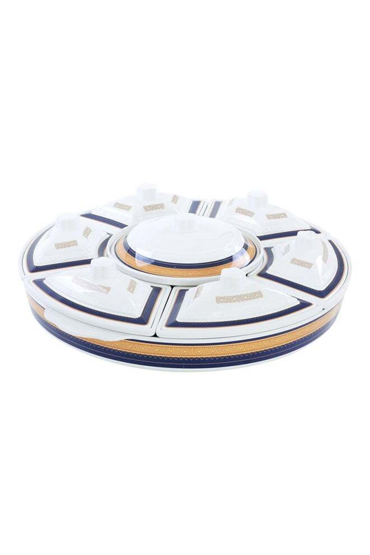 Revolving Serving Tray 10" Side Serving Bowls With Lid x6 10" Round Center Bowl With Lid x1 22.5" Round Tray 1 pc 360 Drgee Roating Base Blue/White/Beige 35cm