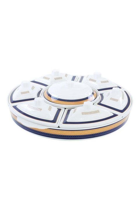 Revolving Serving Tray 10" Side Serving Bowls With Lid x6 10" Round Center Bowl With Lid x1 22.5" Round Tray 1 pc 360 Drgee Roating Base Blue/White/Beige 35cm