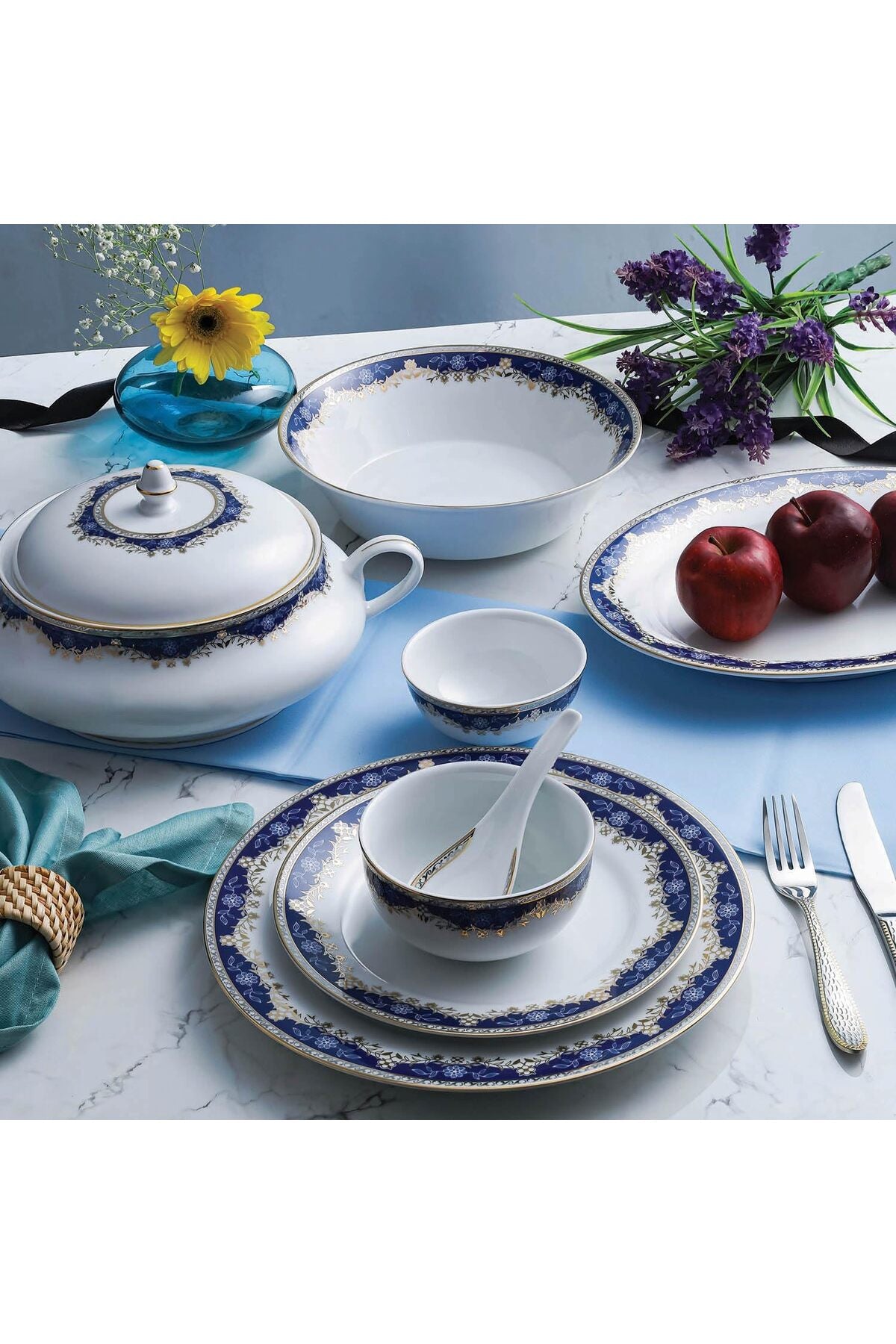 Aurora Collection 45 Pcs Dinner Set | Elegant Floral Pattern In Royal Blue With Real Gold Plated Premium Porcelain | Dishwasher Safe