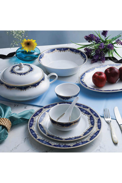 Aurora Collection 45 Pcs Dinner Set | Elegant Floral Pattern In Royal Blue With Real Gold Plated Premium Porcelain | Dishwasher Safe