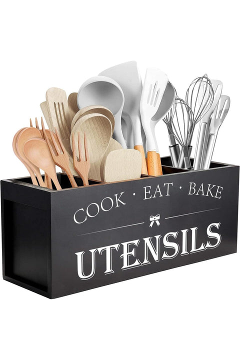 Extra Large Kitchen Utensils Holder-4 Black Compartments, Wooden Utensil Organizer for Kitchen Countertop