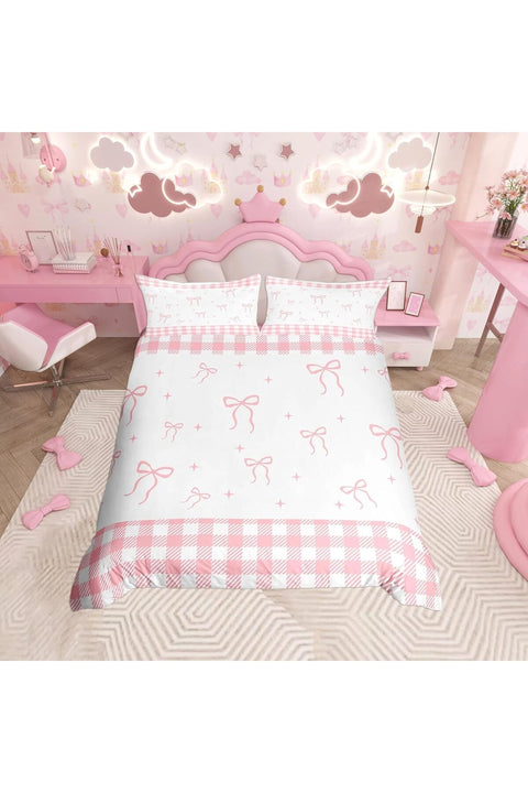 White Pink Bowknot Duvet Cover Set Double Size For Kids Girls Teens Bedroom Plaid Bow Ribbon