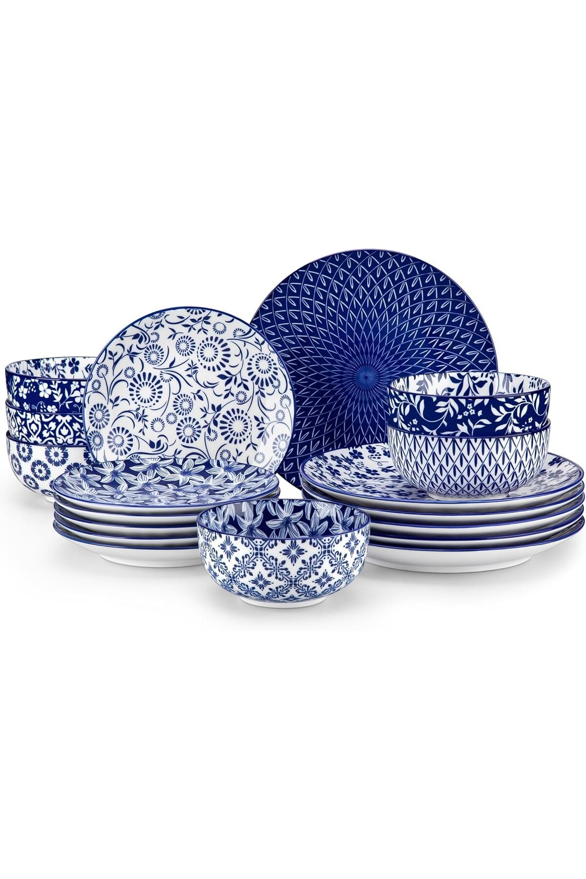 Selene Dinner Sets for 6 People, 18 Pieces Vintage Blue Porcelain Plates and Bowls Set