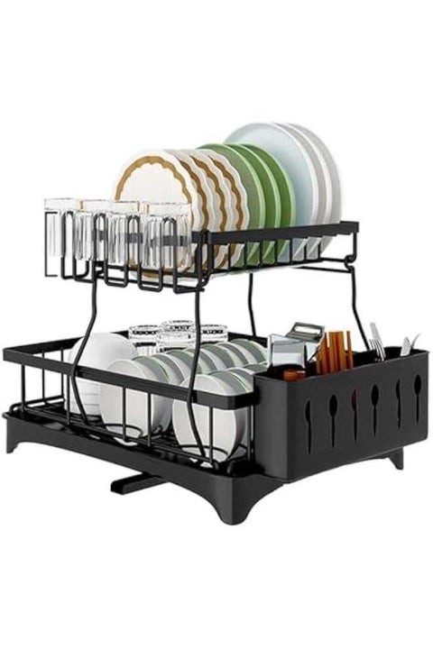 Dish Rack Dish Drying Stand With Drainer, 2 Tiers Large Kitchen Dish Rack with Removable Utensil Holder and Cup Holder, Stainless Steel Kitchen Dish Drainer Dish Drying Rack Black Dish Stand