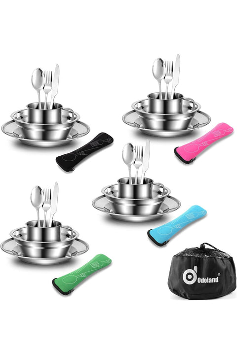 Camping Cutlery Set - Stainless Steel Tableware Mess Kit Includes Plate Cup Fork Spoon Knife, 7 in 1 Flatware Kit with Mesh Bag - Dinnerware Utensils Set for Outdoor Camping Hiking and Picnic