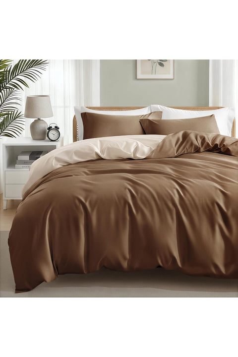 Queen Size Duvet Cover Set 3 Pieces Reversible Bedding Set, Includes 1 Duvet Cover 200 * 200 Inches with Zipper Closure and 2 Pillow Shams, Brown/Beige