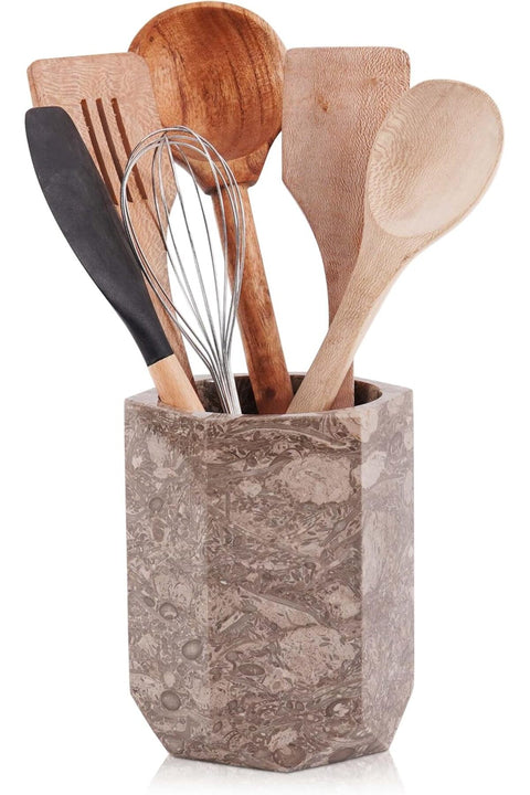 Oceanic Marble Utensil Holder 6.5 Inch, Natural Stone Kitchen Counter Organizer, Spoon & Spatula Storage Holder